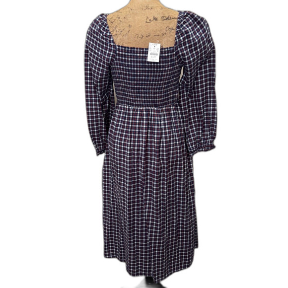 NWT J. Crew Flannel Smocked Square Neck Dress Red Blue Plaid Size Medium Petite - Picture 5 of 7